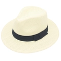 Close-up of fine weave texture and black grosgrain ribbon on cream Panama hat - One Size / Cream