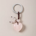 Pink quartz heart keychain with brown woven rope and silver stainless steel ring - Rose Quartz