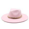 Elegant pink wool fedora hat with a flat top and stylish gold chain trim for women - One Size 58cm / Pink