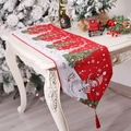Christmas table runner with embroidered snowman and red tassels for festive decor - Red Snowman
