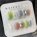 Handmade press-on nails set in pastel macaron colors with glitter and heart accents - Extra Small (XS)
