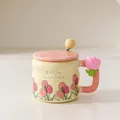 Pink tulip ceramic mug with matching lid, spoon, and creative floral handle decoration - With Lid and Spoon / Pink