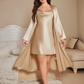 Champagne gold silk satin pajama set featuring a camisole dress and matching long robe - 1XL / Champagne