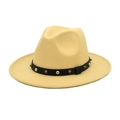 Detail of beige wool fedora hat featuring black leather band and silver rivet studs - M (56-58cm) / Beige