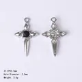 Silver gothic cross charm with black zircon stone and vintage floral engraved details - 84431 Black