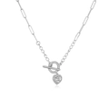 Silver-tone paperclip necklace with transparent heart zircon pendant and OT clasp - Platinum White Zirconia