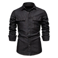 Dettaglio camicia in denim scuro con cuciture marroni a contrasto e tasche sul petto - S / Nero