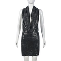 Detail of sexy black sequin mini dress featuring halter neck and deep V-neckline for party - S / Black