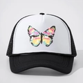Gorra trucker blanca y negra con estampado de mariposa colorida y malla trasera ajustable - Negro y Blanco