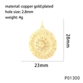 Zodiac sun medallion pendant in gold-plated copper with dimensions and weight specs - P01300-Zodiac Sun