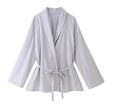 Detail showing light grey cotton linen kimono cardigan with long sleeves and waist tie - White Top