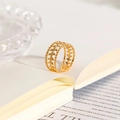 Detail showing an 18k gold-plated open ring with an elegant hollow wheat leaf pattern - 3-Layer Floral Leaf Open Ring