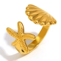 18K gold plated stainless steel open ring with delicate starfish and seashell design - Starfish Shell Open Ring - Gold
