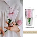 Detail view of pink rose shaped inner glass with dimensions 16cm height and 200ml volume - Green Leaf Pink Double Layer Cup
