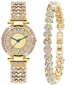 Luxury gold women's watch and heart bracelet set with sparkling crystals and blue hands - Gold + Bracelet