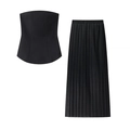 Women's black two-piece set featuring a tube top and long pleated skirt on white background - S / Black