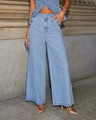 Close-up of light blue wide-leg jeans with vintage gold button details on the waist - S / Blue Pants