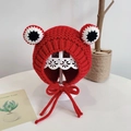 Red knit baby hat with cute frog eye design and protective ear flaps for winter warmth - Red Frog - Not Lined
