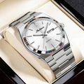 Elegant silver men's watch with steel band and dual calendar display on a watch cushion - Silver Band White Dial (EU Standard + Butterfly Clasp)