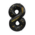 Ballon numéro 8 noir et or de 40 pouces avec couronne et imprimés Happy Birthday - Autocollant Noir Or 40 Pouces Numéro 8