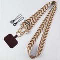 Adjustable brown leaf pattern wide fabric phone lanyard with pearl pendant and golden hooks - Brown