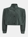 Close-up of deep grey-green suede bomber jacket with high collar and lantern sleeves - S / Dark Grey Green