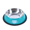 Blue stainless steel pet bowl with cute cat face print and non-slip rubber base - Sky Blue