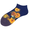 Dark blue low-cut cotton socks featuring bright Van Gogh style sunflower embroidery - Dark Blue Sunflowers (C155)