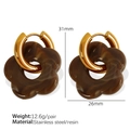 Brown marble resin flower earrings with gold stainless steel hoops measuring 31x26mm - Dark Coffee