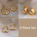 Set of 3 gold geometric earrings featuring hammered and textured twisted hoop designs - 10# Ripple Hoop and Irregular Triangle Set (AL146)