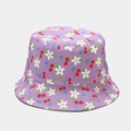 Light purple bucket hat with white floral and red cherry print for outdoor sun protection - M / Purple Cherry Flower