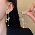 Golden butterfly tassel earrings with sparkling zircon crystals in long drop fringe style - Gold Double Butterfly Zircon Long Tassel Style (60# Silver Earring Post - Gold)