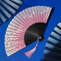 Pink gradient bamboo folding fan with cherry blossom, butterfly print and pink tassel - Pink Gradient Butterfly