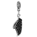 Silver wing charm pendant with black crystal rhinestones and vintage metal clasp - Black Wing Dangling Charm