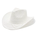 White woven hollow Panama cowboy hat with wide brim for summer beach sun protection - M(56-58cm) / White