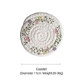 11cm round woven cotton coaster with purple and pink floral print and white cord finish - Floral Coaster 11cm