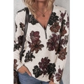 Detail van de V-hals rits op top met lange mouwen en retro bloemenprint op gebroken witte stof - S / Tops / Beige