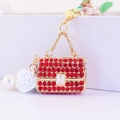 Red rhinestone camellia flower handbag keychain with gold chain and white pearl - Individual Packaging / Red