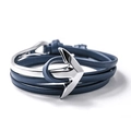 Detail of blue multi-layer leather bracelet with silver anchor clasp on white background - Silver & Navy Blue