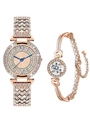 Coffret montre et bracelet luxueux en or rose avec strass pour femme sur fond blanc - Ensemble de 2 Pièces (Montre+Bracelet) / Or rose