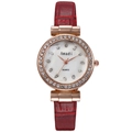 Women's quartz watch with red leather strap and sparkling crystal shell dial - Red