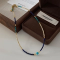 Colorful beaded tiger eye stone necklace with gold lobster clasp and extension chain - Thin Lapis Lazuli Necklace XL0311