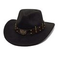 Dettaglio di cappello cowboy nero con cinturino in pelle, borchie e stemma aquila - M (56-58cm) / Nero