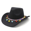 Detail of black felt cowboy hat with bohemian woven band and colorful pom-pom charms - M (56-58cm) / Black