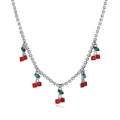 Sparkling silver tennis chain with vibrant red rhinestone cherry pendants for women - Silver Rhinestone Cherry Necklace (12403)