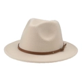 Detailed close-up of a cream wide brim felt fedora with a brown faux leather belt strap - Beige