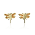 Macro view of gold-plated dragonfly earrings featuring vibrant orange zircon gemstones - Gold-Dragonfly-Orange