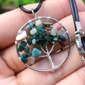 Silver wire tree of life pendant with colorful natural stones on black woven cord - India Agate
