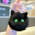 Cute black plush cat head keychain with green eyes and gold metal hook accessory - Individual Packaging / Black Cat