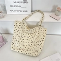 Sac fourre-tout en velours côtelé beige avec motifs nœuds et poche frontale - Blanc Cassé